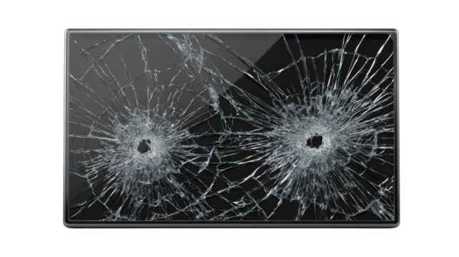 Shattered reality showcasing a tablet with dual impact fractures against transparency
