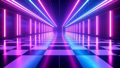 Glowing neon checkered floor with futuristic purple and blue lights