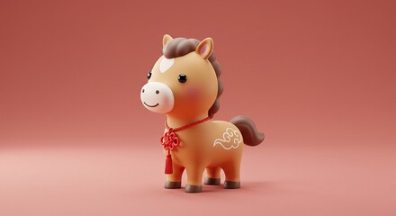 Cute 3D Chinese zodiac horse on pastel red background