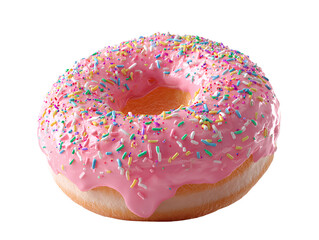 Front View of Pink Frosted Donut with Colorful Sprinkles, 3D Rendered, Isolated on Transparent Background