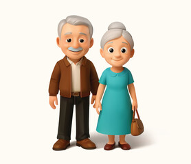 Cartoon Minimalist Characters of Elderly Couple Standing Together 3d vector illustration isolated on white background, old woman and old man 3d character.