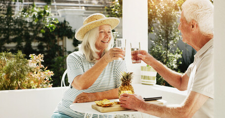 Happy, senior couple or toast with glass in backyard for summer bonding, holiday or outdoor weekend. Elderly, man and woman with pineapple or cheers for natural organic drink, diet or mineral liquid