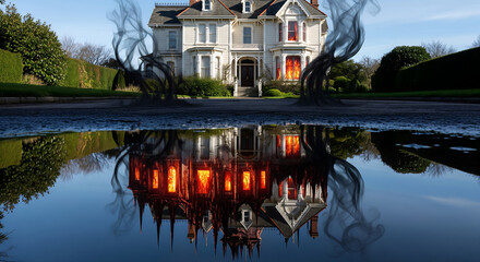 Burning Victorian House Reflection.