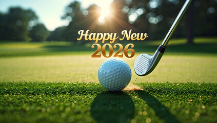 Close Up of Golf Club Hitting Ball with Happy New year 2026, Holiday Celebration and Sport background
