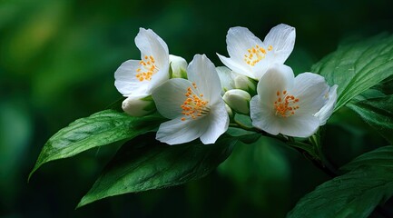 Obraz premium Close-up of four delicate white jasmine flowers, with vibrant green leaves, set against a deep green backdrop