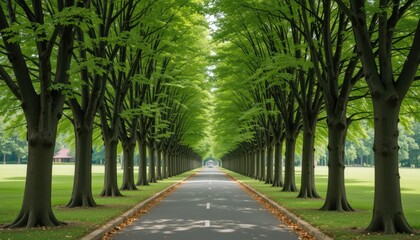 Fototapeta premium Majestic Tree-Lined Avenue Leading to Distant Building Under Soft, Verdant Canopy