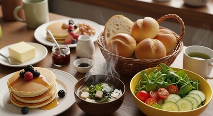 A wholesome breakfast spread featuring Western-style pancakes and bread alongside Japanese miso soup and fresh salad.