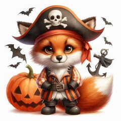Cute fox dressed as a pirate with skull hat, jack-o'-lantern, anchor, and flying bats — Halloween fantasy animal illustration on transparent background.
