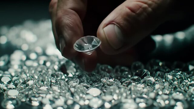 An expert gemologist hand carefully picks and inspects a single flawless brilliant diamond from a heap of stones