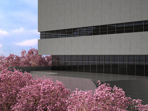 Modern architectural building with pink flowering trees and copy space