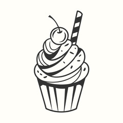 Cupcake Topped with Cherry and Waffle Stick, Dessert on White