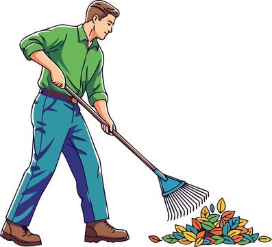 autumn cleaning man raking colorful leaves, idyllic fall scene, home improvement illustration, isolated on transparent background