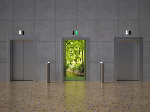 Elevator doors with one opening to a green forest symbolizing sustainability