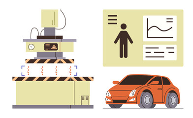 Industrial testing machine, human interface graphics with charts, and orange vehicle. Ideal for automotive design, safety testing, manufacturing, product analysis, quality control, innovation simple