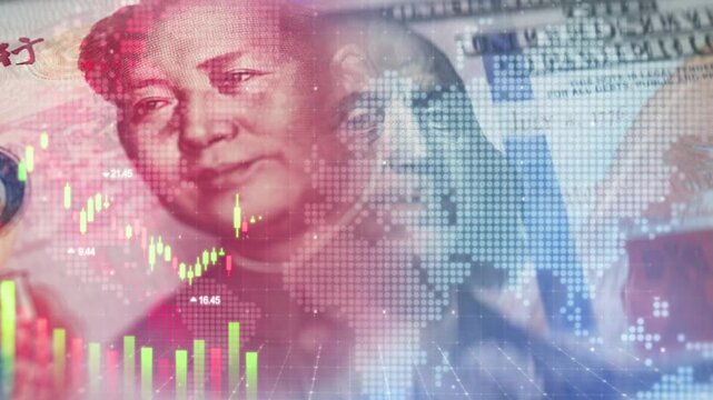 Global Finance Dynamics Chinese Yuan and US Dollar in Stock Market Graphs Reflecting International Trade, Investment, and Economic Connections in Global Economy and Currency Exchange Trends
