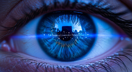 Stunning macro view of a blue eye reflecting a futuristic city skyline with digital data streams