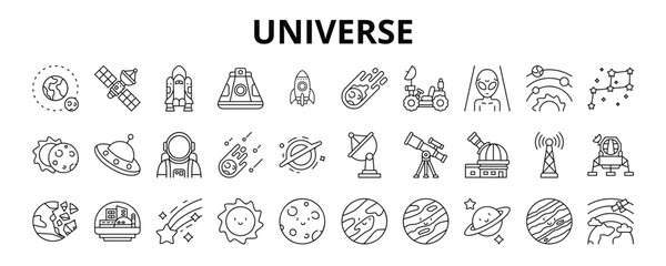 30 Universe Line Icons Vector - Orbit, Rocket, Alien, Telescope, Sun, Moon, Atmosphere, Antenna, Meteor Rain 