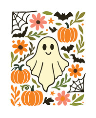 Cute ghost surrounded by pumpkins bats flowers and spiderwebs halloween