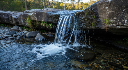 Obraz premium Serene waterfall cascades over mossy rocks into clear river, natural tranquil outdoor scene