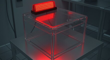 A clear cube atop a metal surface, illuminated by red light, houses a glowing red digital display on its top. The room is shadowy