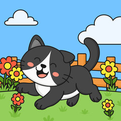 Cartoon Illustration of a Playful Kitten Outdoors