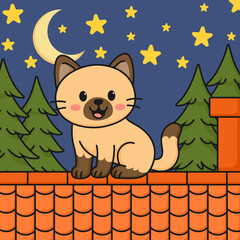 Cartoon Cat Sitting on Roof at Night © uigodesign