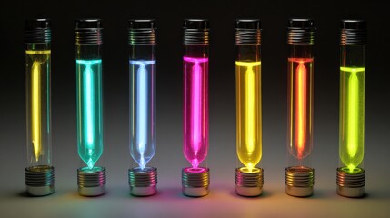 A collection of test tubes stands in a row, containing vibrant liquids that emit a glowing light against a dark backdrop, showcasing vivid colors.