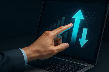 Ai replacing jobs concept with hand pointing at upward and downward arrows on digital screen
