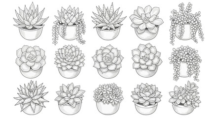 Delicate hand-drawn succulents and cacti collection in minimalistic style