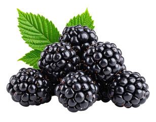 Blackberries with Green Leaves, Cluster Arrangement, Isolated on Transparent Background