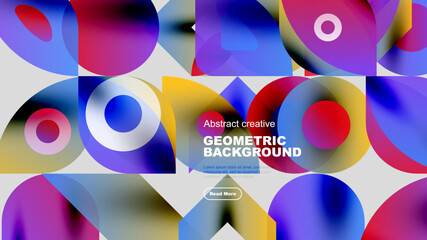 Vibrant geometric shapes overlap, creating colorful abstract background. Text box promotes further exploration. Modern design elements present.