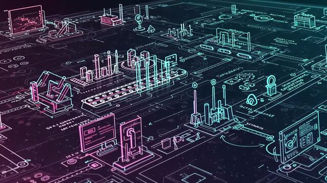 Futuristic digital landscape with tech elements and graphs - Powered by Adobe