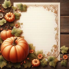 Stationery paper, with a pumpkins in a corner, vines and leaves edging the border of the paper, plank in the middle. Autumn, thanksgiving, halloween greeting card