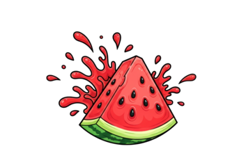 Watermelon slice with juice splashing on transparent background