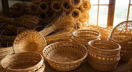 Woven baskets, light-tan colored, various sizes, displayed on a wooden surface, with bundles of raw material in the background, near a window