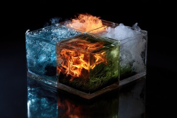 Four elements displayed in glass cubes