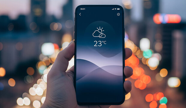  A person holds a smartphone displaying a weather app with a partly cloudy icon and a temperature of 23° Celsius, against a blurry city light background.