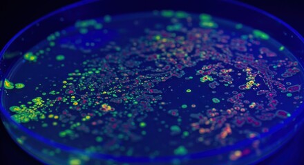 A petri dish filled with multicolored, glowing colonies against a dark background. The circular glass container holds small, clustered shapes