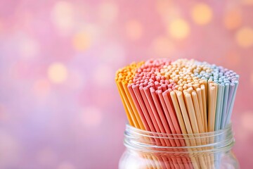 Close-up of colorful pocky sticks in glass jar on pastel background.