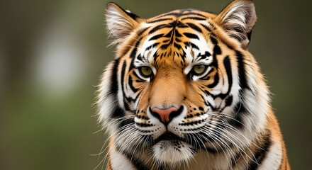 Naklejka premium A powerful and majestic tiger's face in a detailed close-up, showing its fierce eyes and beautiful fur