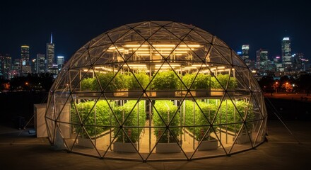 Illuminated geodesic dome greenhouse at night, showcasing tiered hydroponic farming. City skyline provides a backdrop. Interior glows, filled with lush greenery