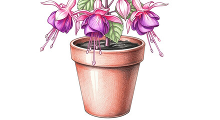 Naklejka premium Enchanting fuchsia flower illustration adorning terracotta earthenware pot