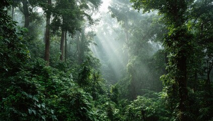 Fototapeta premium Sunlight streams through a dense, misty jungle