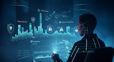 Man analyzing data on a futuristic interface with threat detection and network intrusion graphics displayed