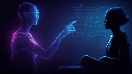 A young girl watches a glowing digital teacher gesture to complex math equations in a futuristic setting.
