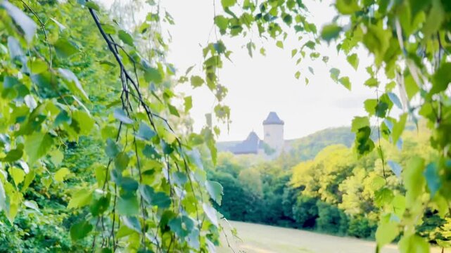 Scenic nature view of Karl&scaron;tejn Castle framed by leaves