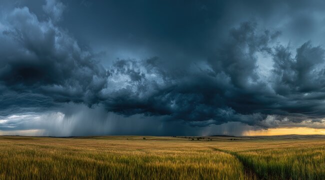 Massive storm clouds gathering over a golden field