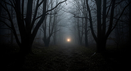 Fototapeta premium Foggy Forest Path with Eerie Light.