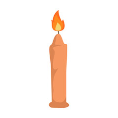 A brightly lit candle with a vibrant flame against a plain white background
