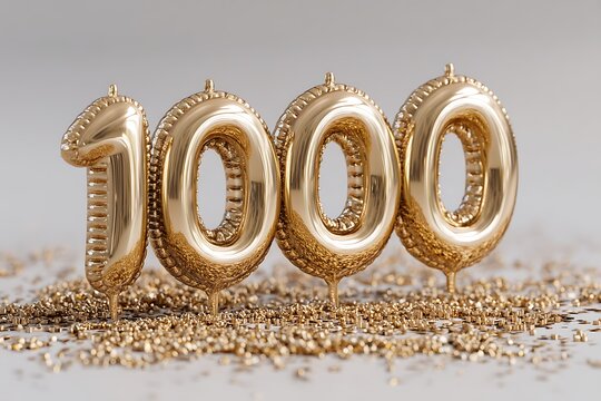Helium flying golden balloons shaped like the number 1000, floating on a gold confetti background, marking 1000 followers or likes in a grand celebration.